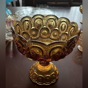 LE Smith Glass Amber Moon and Stars Vintage 6-1/2"H x 6-/4"W